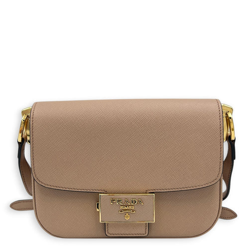 Logo Shoulder Bag Gold in Saffiano Leather, Gold hardware