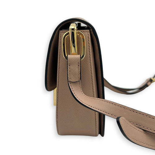 Logo Shoulder Bag Gold in Saffiano Leather, Gold hardware