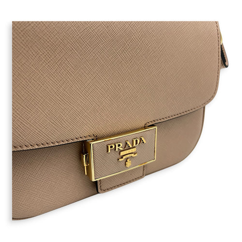 Logo Shoulder Bag Gold in Saffiano Leather, Gold hardware