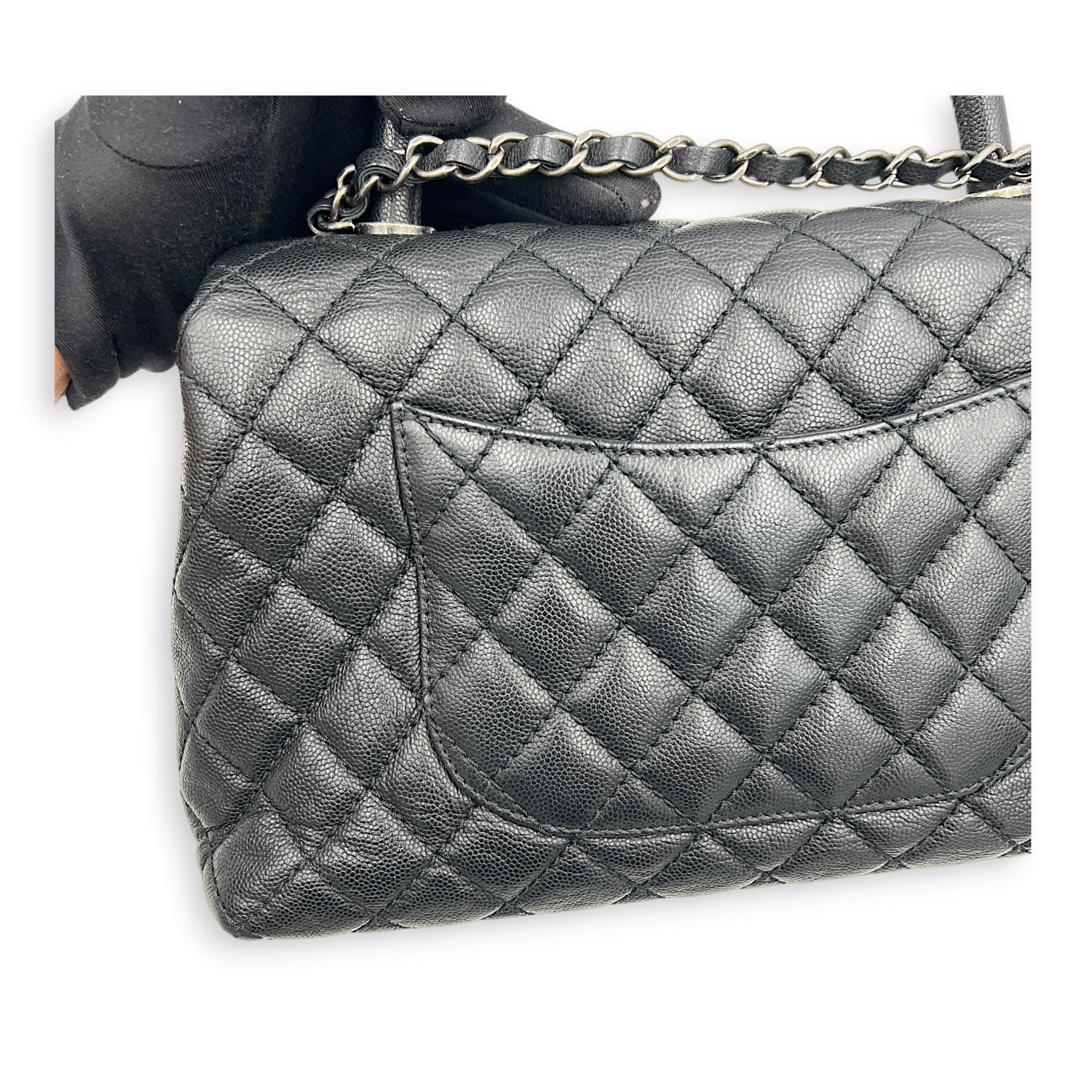 Coco Medium Black Top Handle Bag in Caviar Leather, Ruthenium hardware