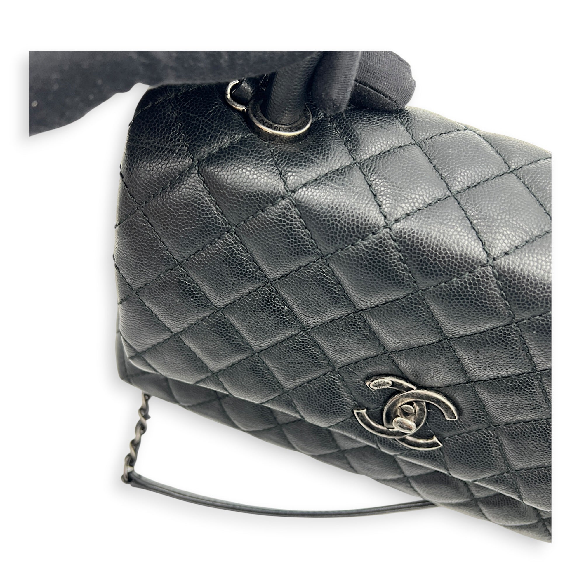 Coco Medium Black Top Handle Bag in Caviar Leather, Ruthenium hardware