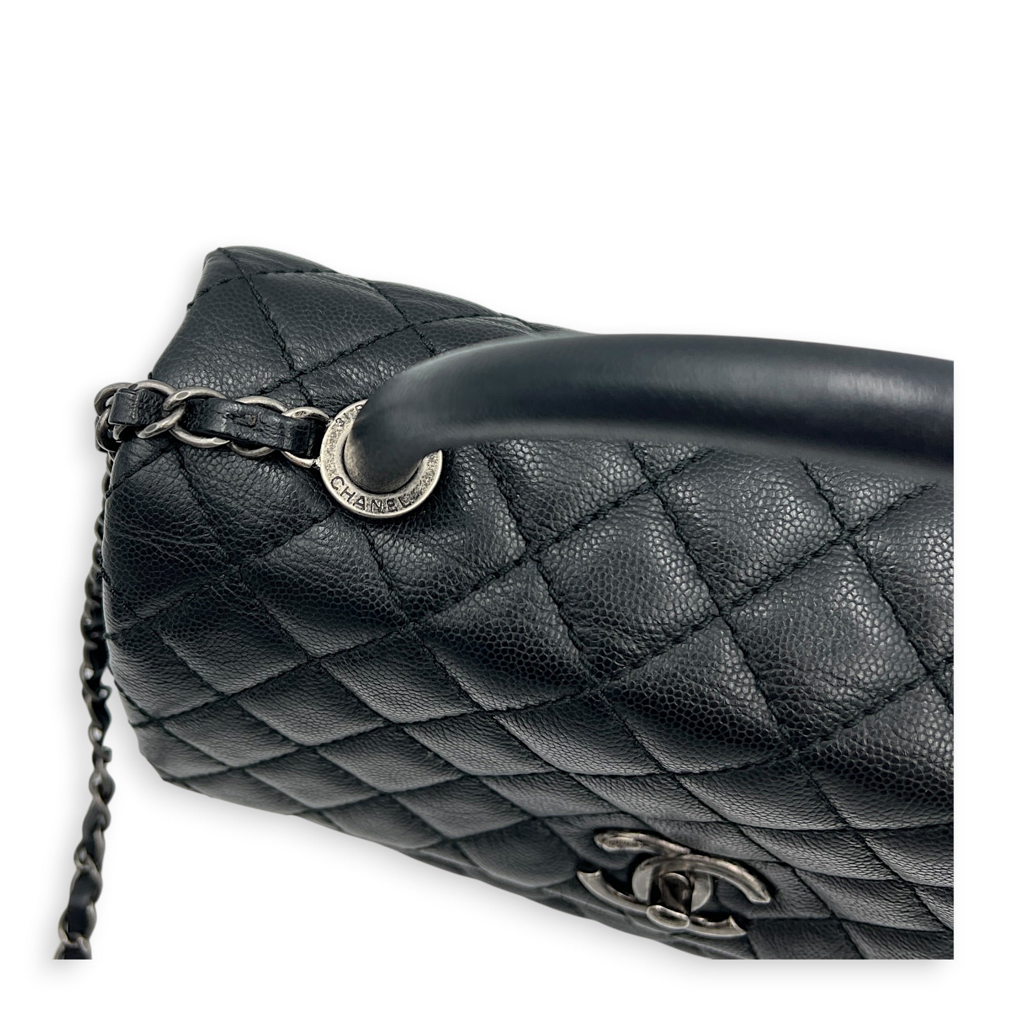 Coco Medium Black Top Handle Bag in Caviar Leather, Ruthenium hardware