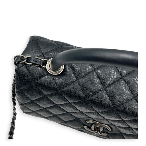 Coco Medium Black Top Handle Bag in Caviar Leather, Ruthenium hardware