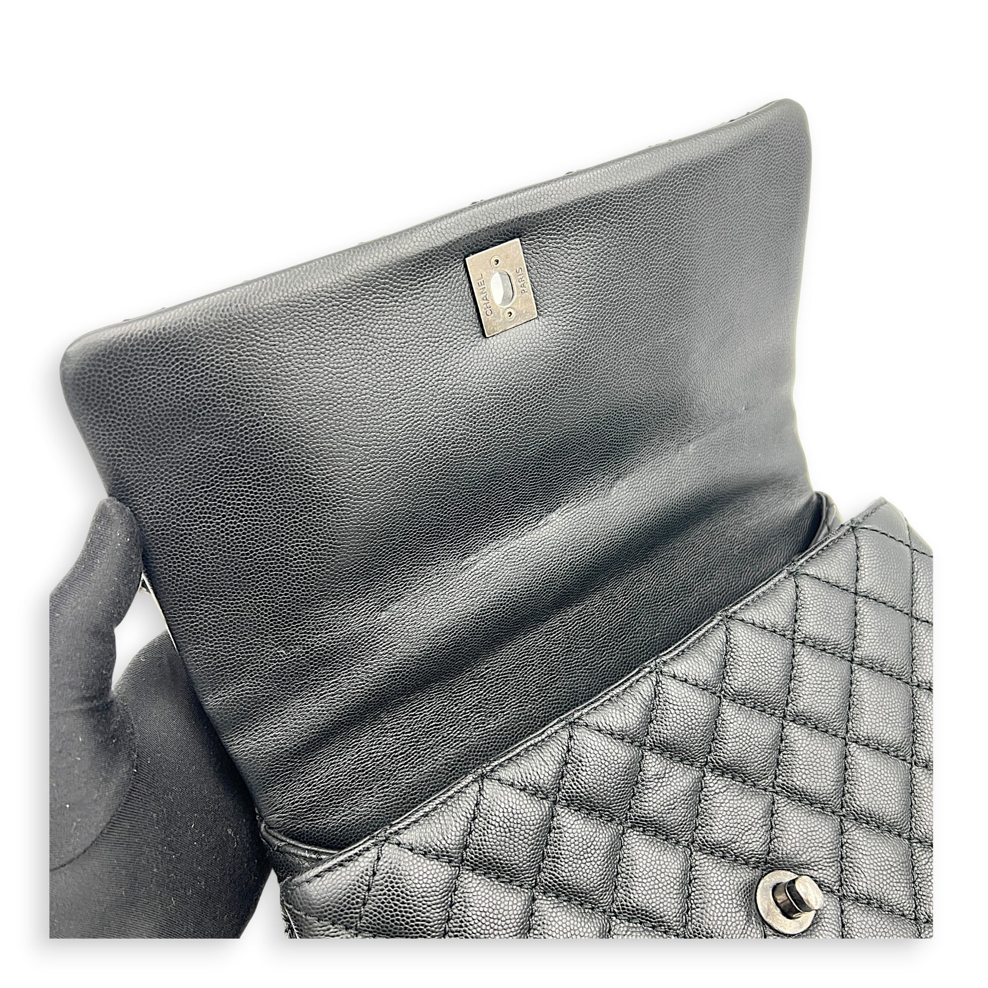 Coco Medium Black Top Handle Bag in Caviar Leather, Ruthenium hardware