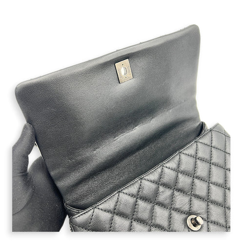 Coco Medium Black Top Handle Bag in Caviar Leather, Ruthenium hardware