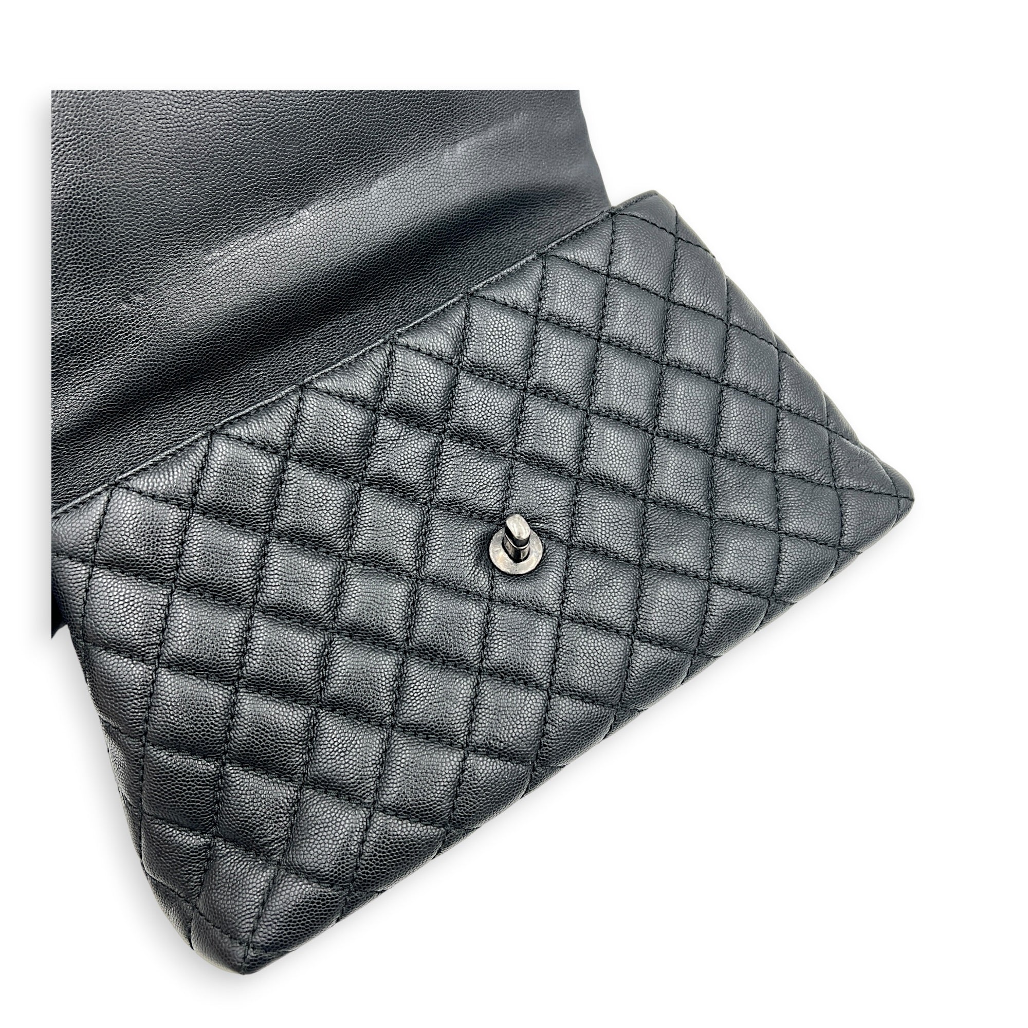 Coco Medium Black Top Handle Bag in Caviar Leather, Ruthenium hardware