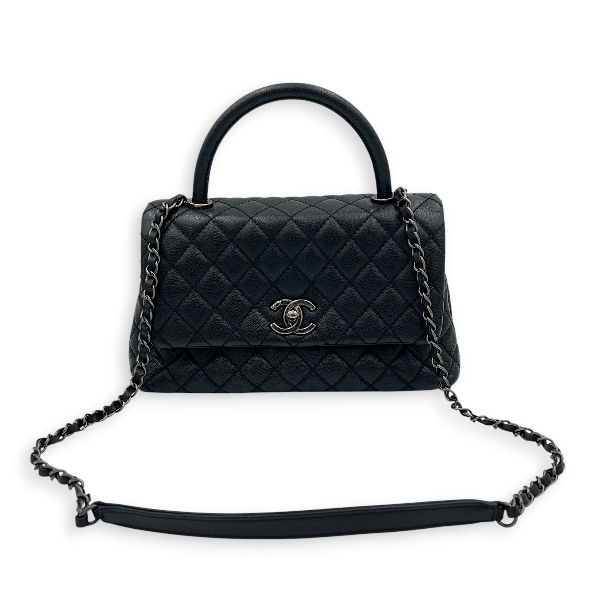 Coco Medium Black Top Handle Bag in Caviar Leather, Ruthenium hardware