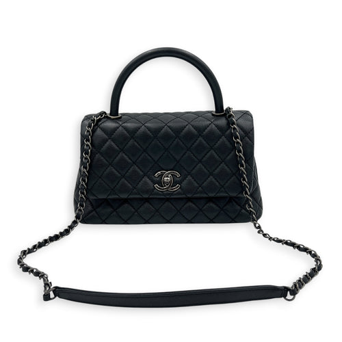 Coco Medium Black Top Handle Bag in Caviar Leather, Ruthenium hardware