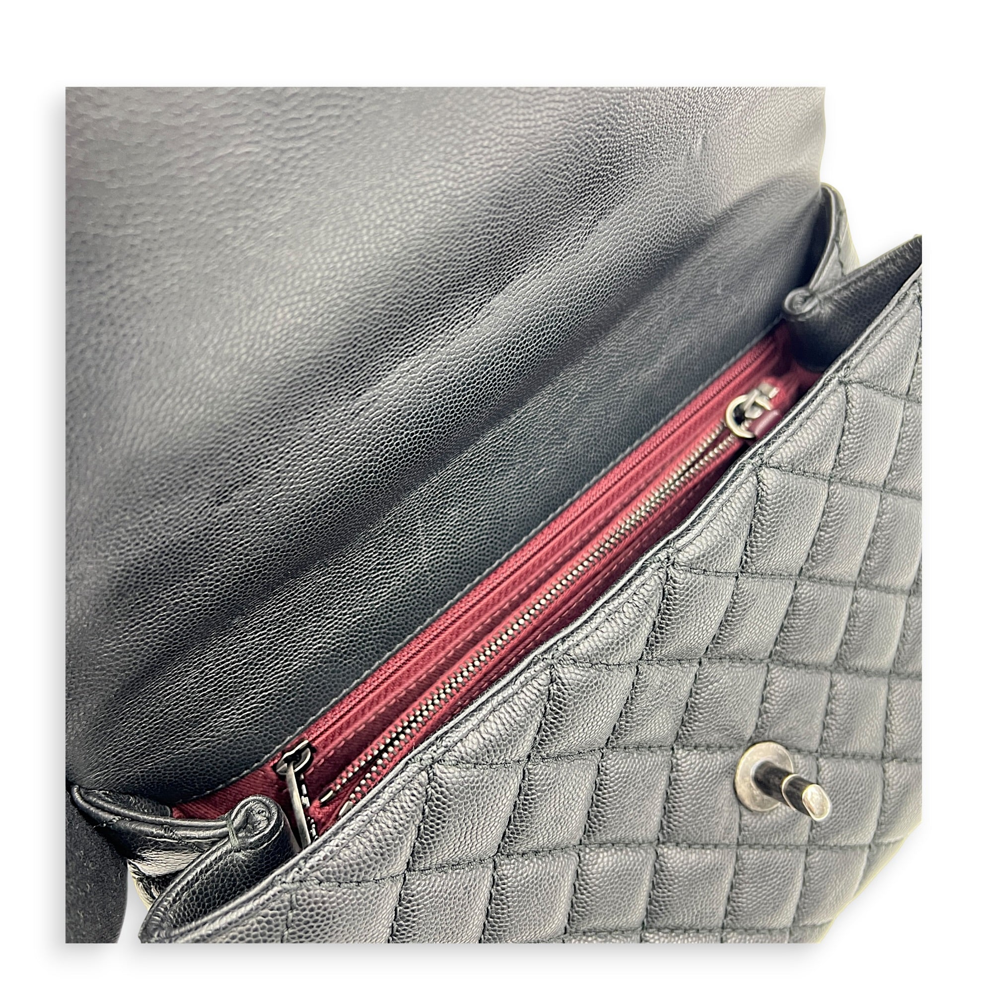 Coco Medium Black Top Handle Bag in Caviar Leather, Ruthenium hardware