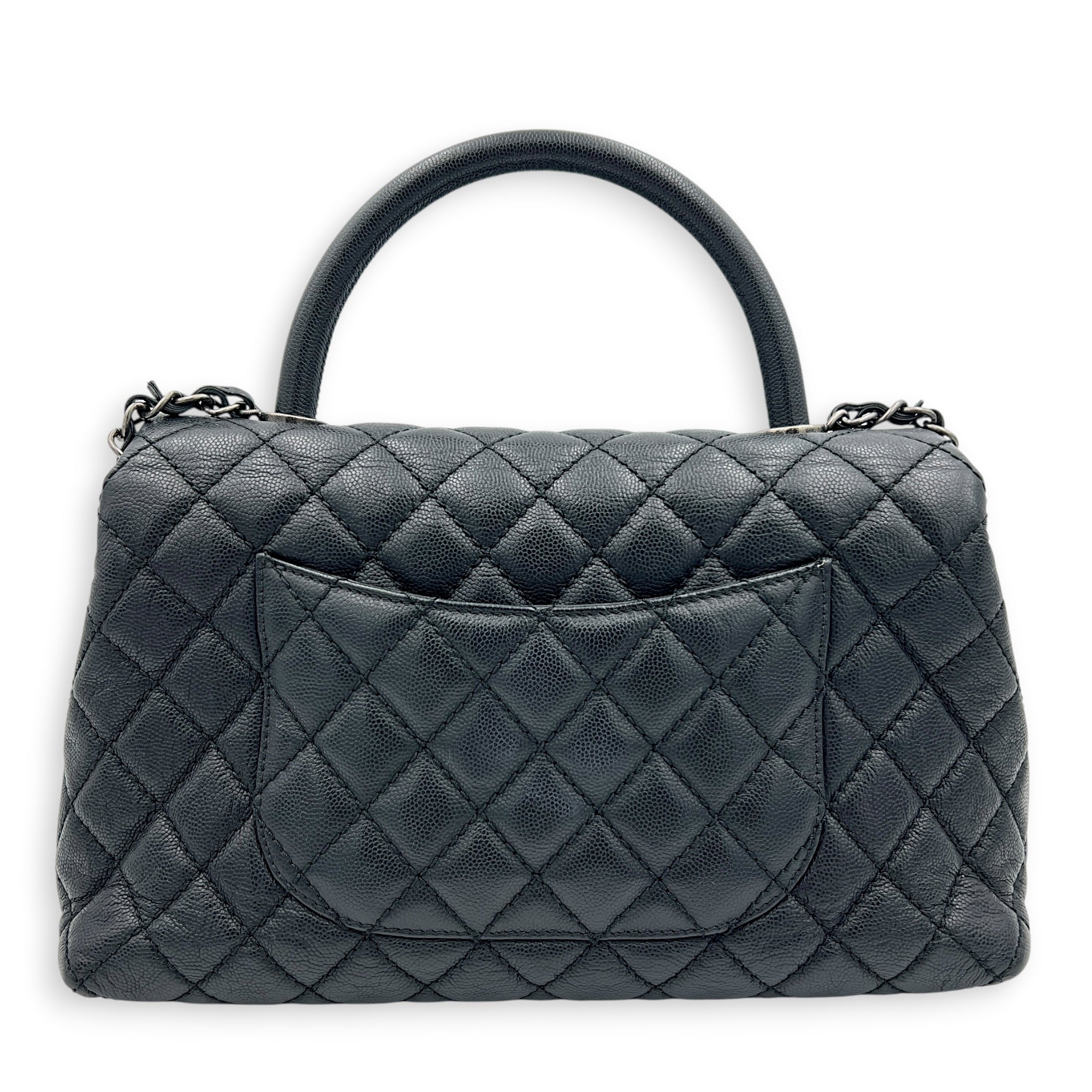 Coco Medium Black Top Handle Bag in Caviar Leather, Ruthenium hardware