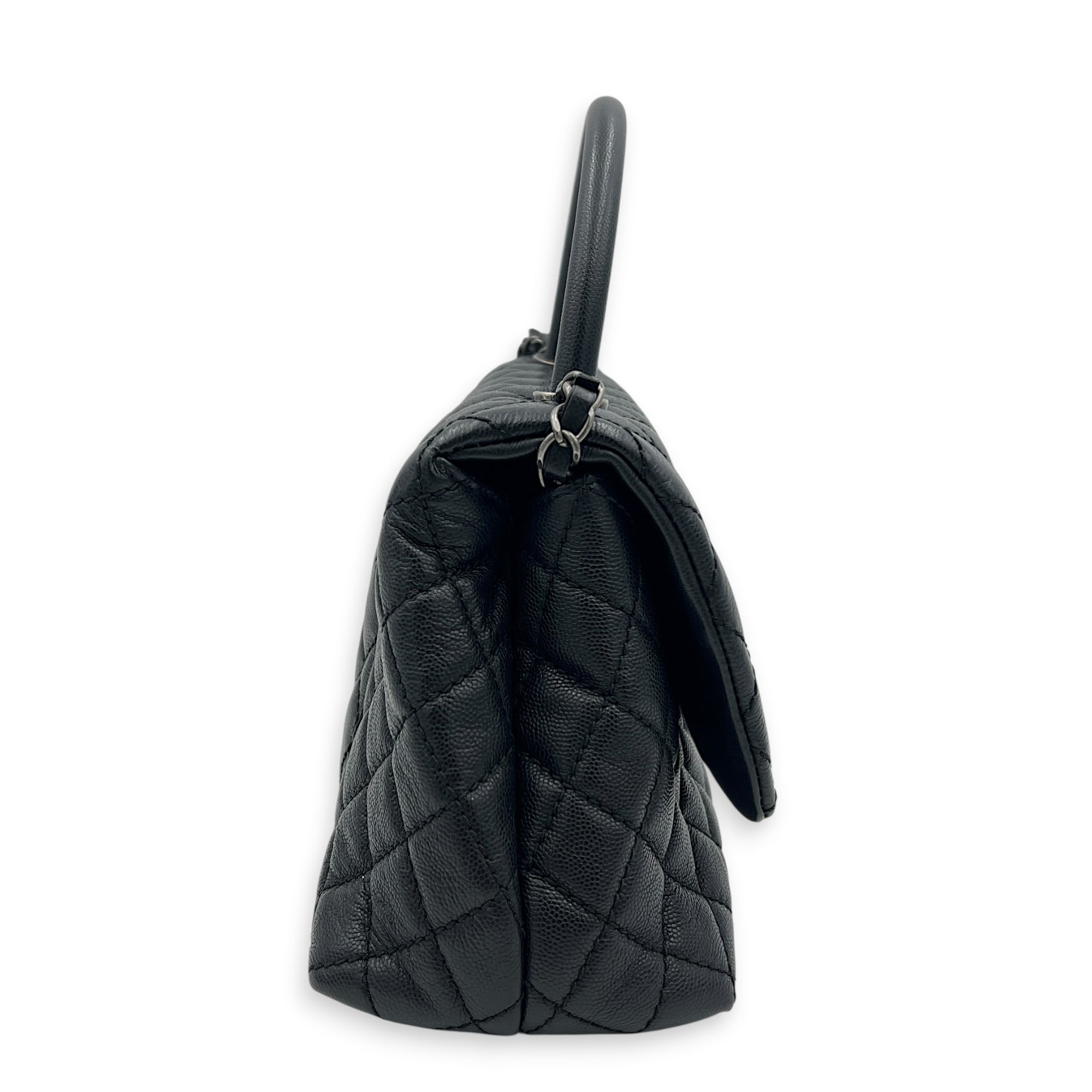 Coco Medium Black Top Handle Bag in Caviar Leather, Ruthenium hardware