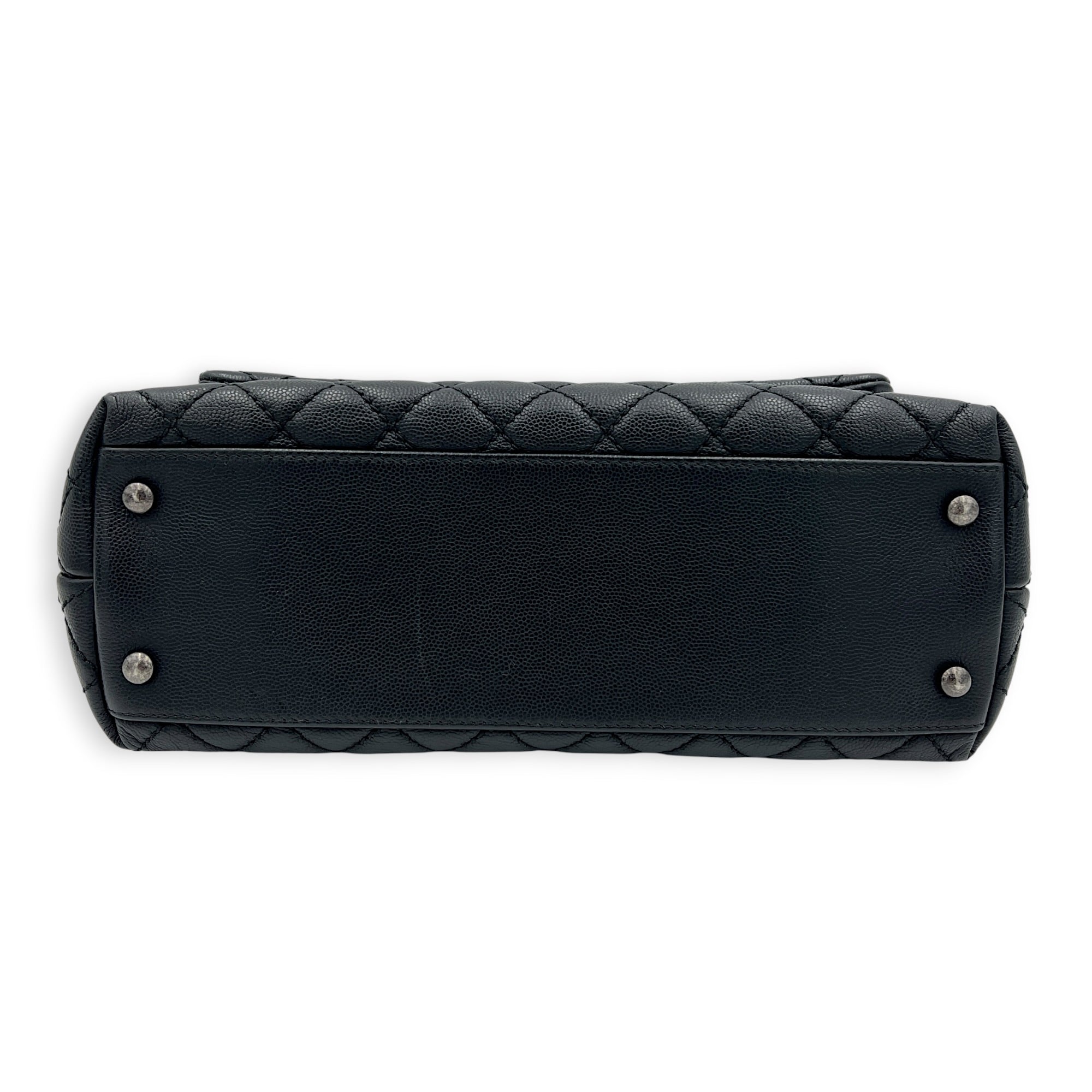 Coco Medium Black Top Handle Bag in Caviar Leather, Ruthenium hardware