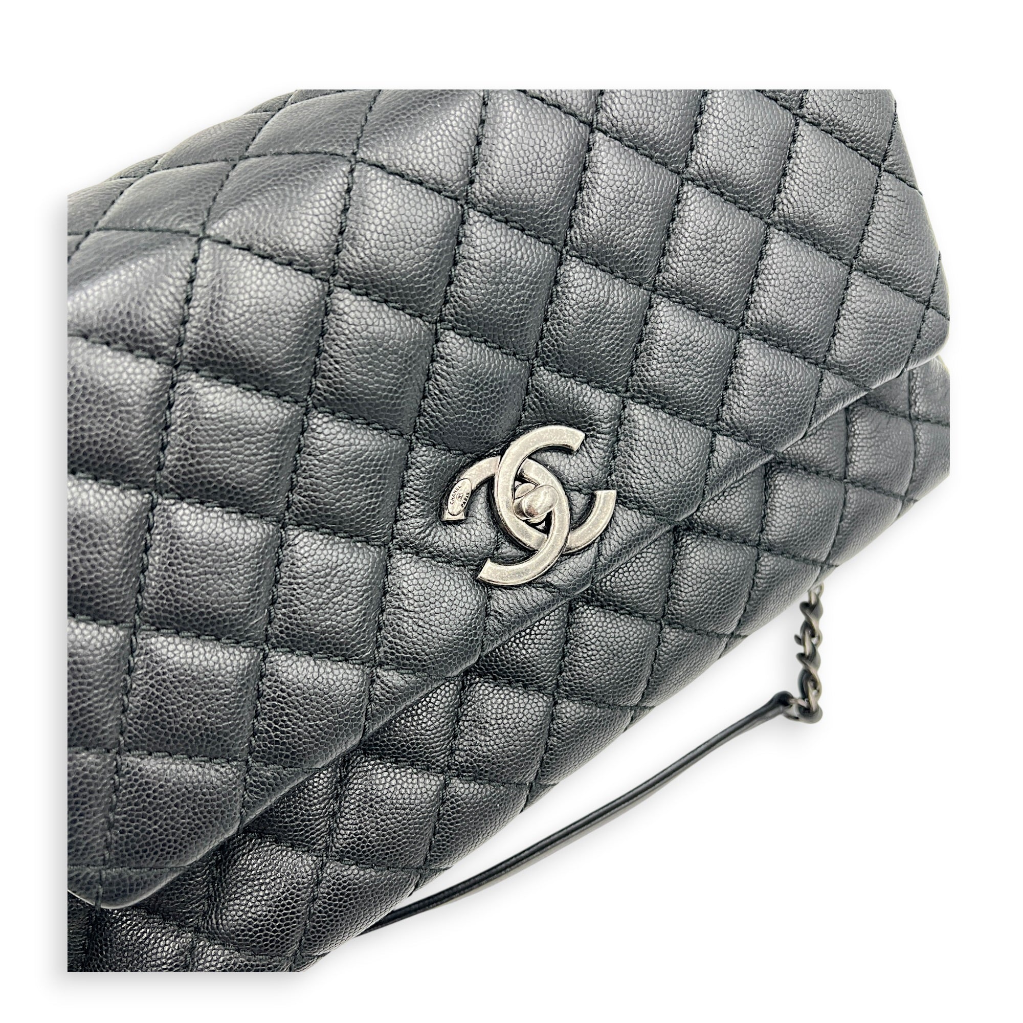 Coco Medium Black Top Handle Bag in Caviar Leather, Ruthenium hardware