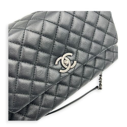 Coco Medium Black Top Handle Bag in Caviar Leather, Ruthenium hardware