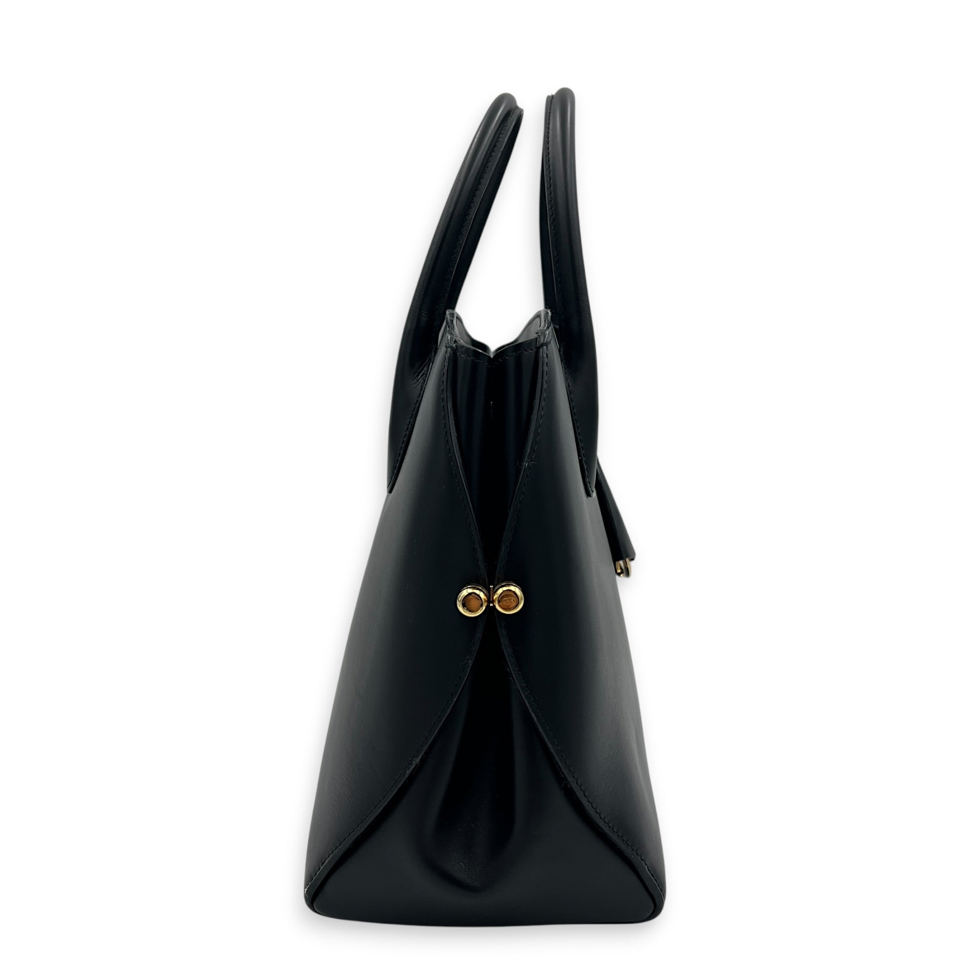 Open Bar Top Handle Bag Black in Calfskin, Gold hardware