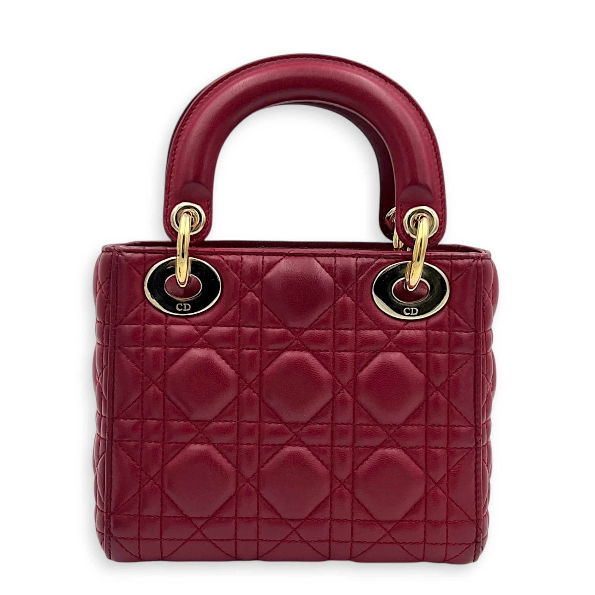 Lady Dior Mini Red Top Handle Bag in Lambskin, Gold hardware