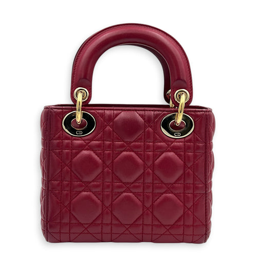 Lady Dior Mini Red Top Handle Bag in Lambskin, Gold hardware
