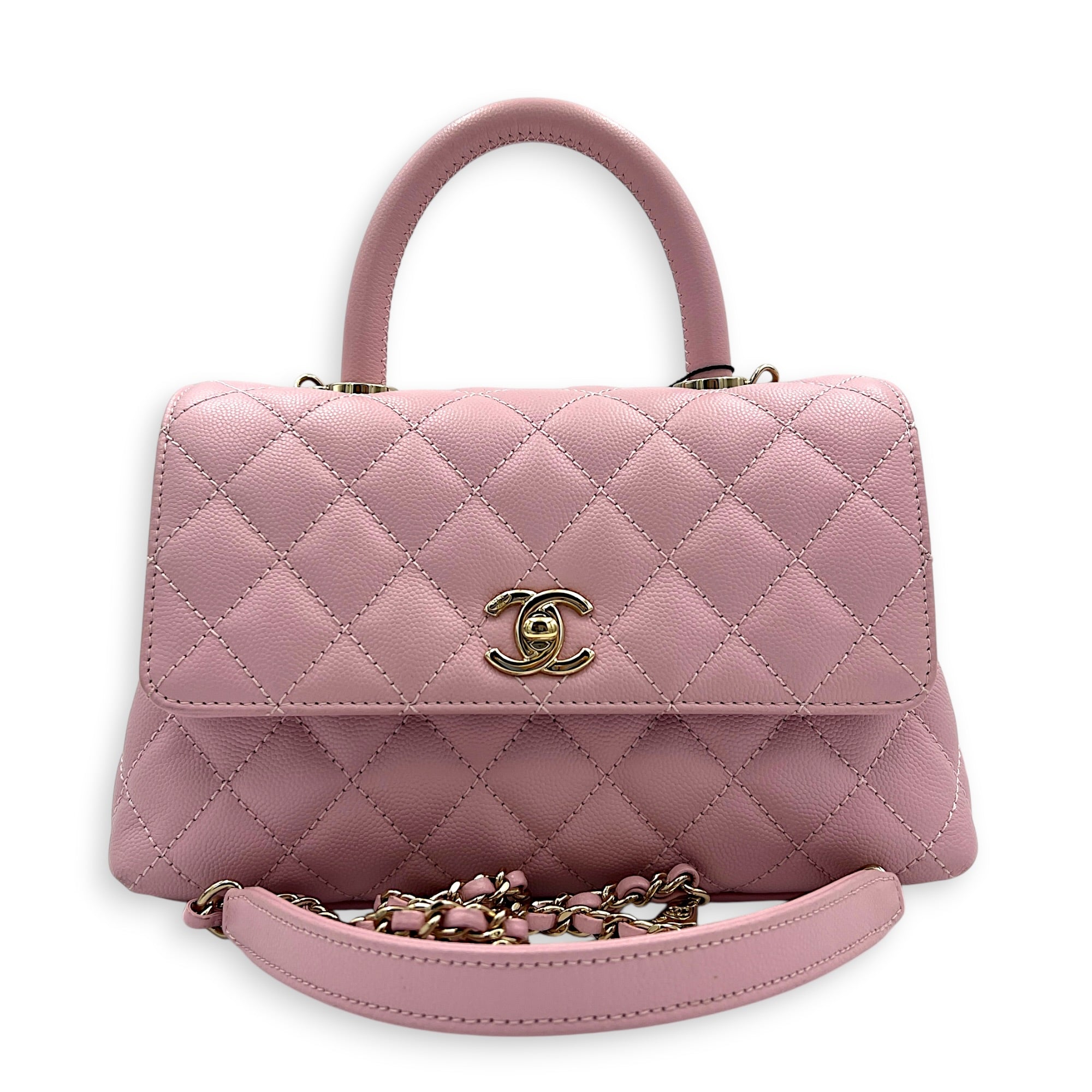 Coco Top Handle Bag Pink in Caviar Leather, Gold hardware