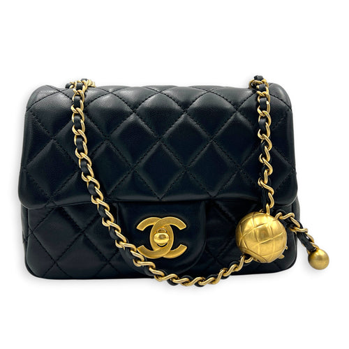 Square Pearl Crush Crossbody Bag Black in Lambskin, Gold hardware