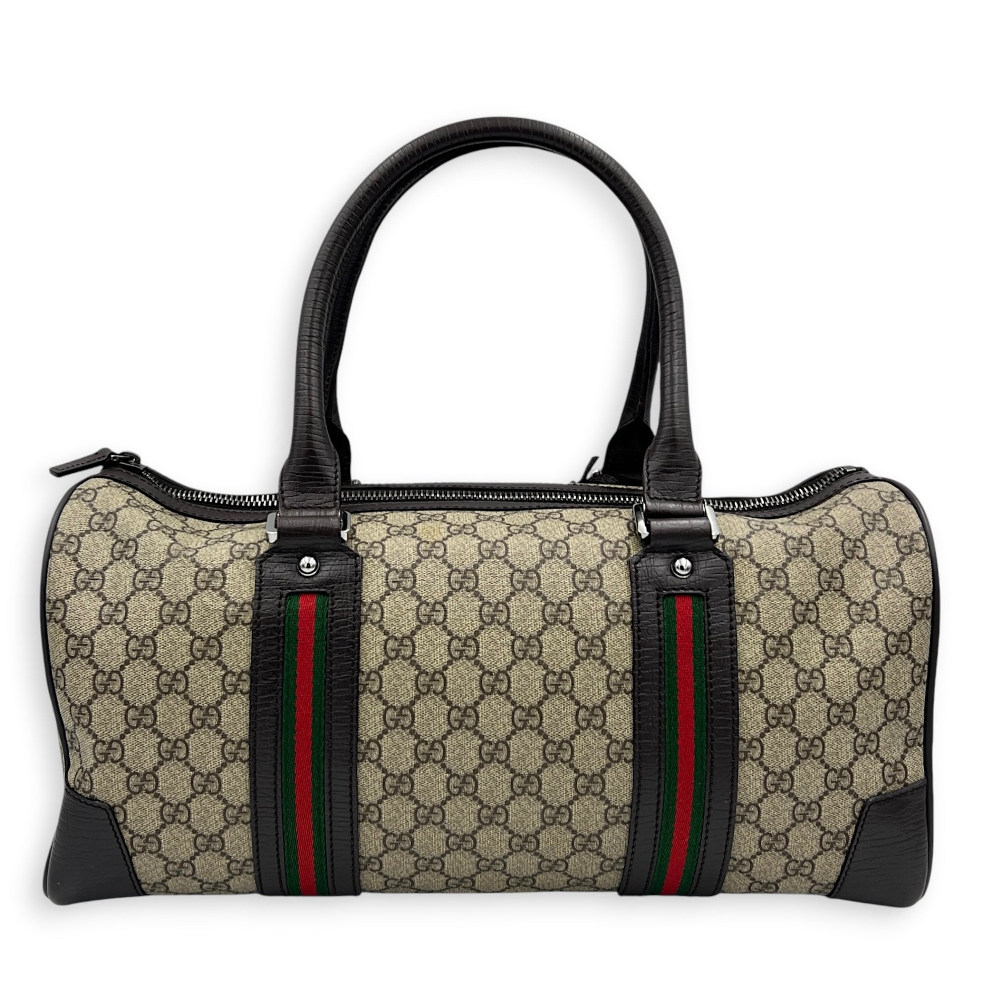 Boston Top Handle Bag Brown in Coated Canvas, Silver hardware