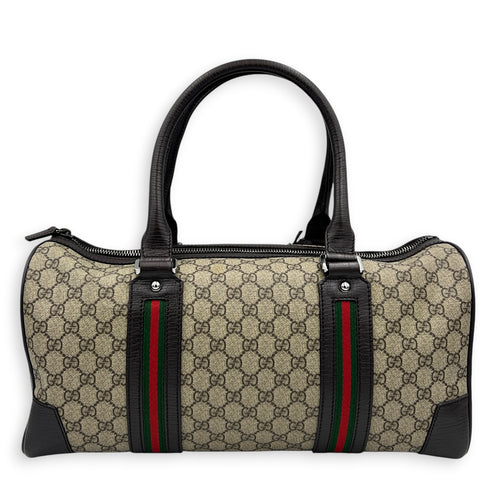 Boston Top Handle Bag Brown in Coated Canvas, Silver hardware