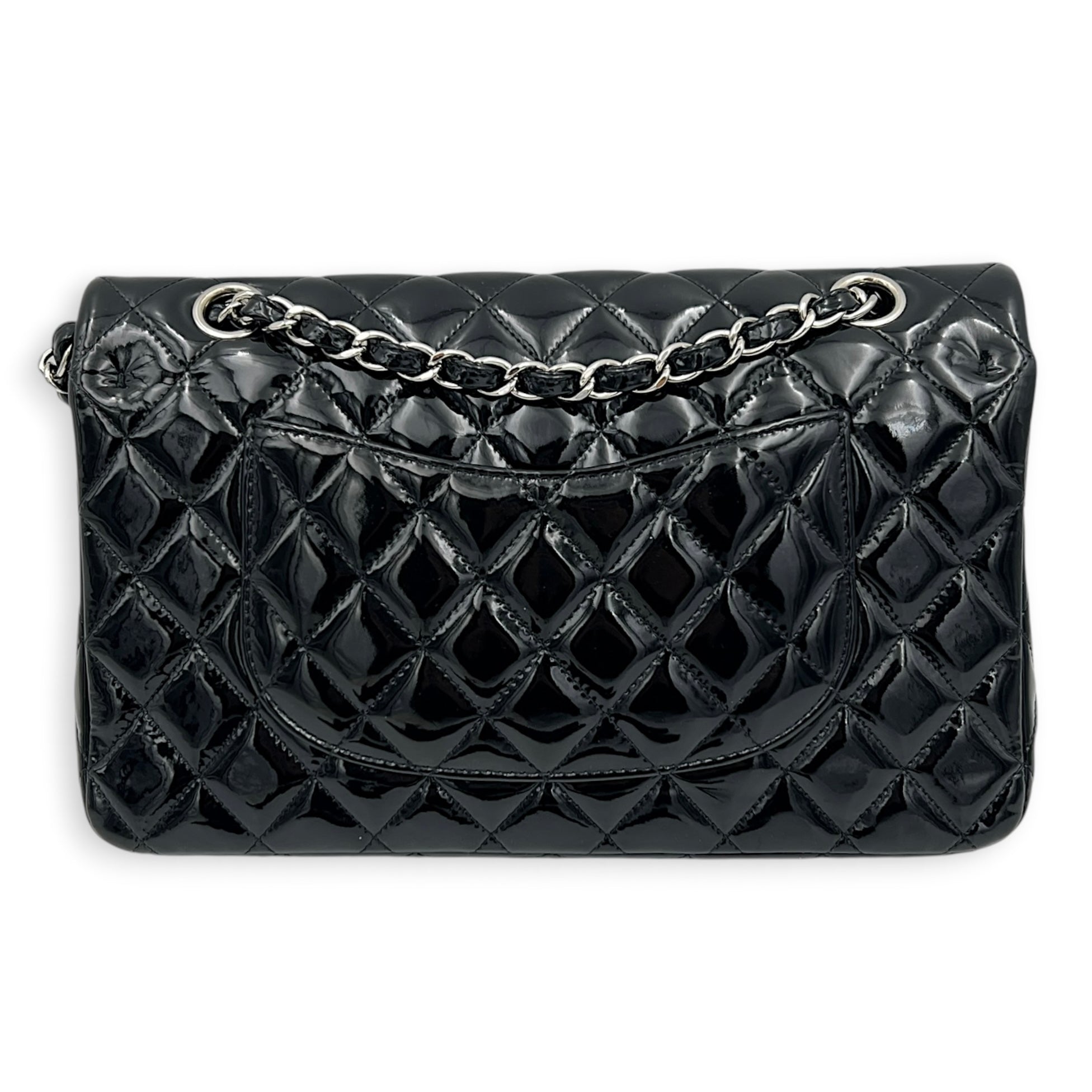 Classic Shoulder Bag Medium Black in Patent Leather, Silver hardware