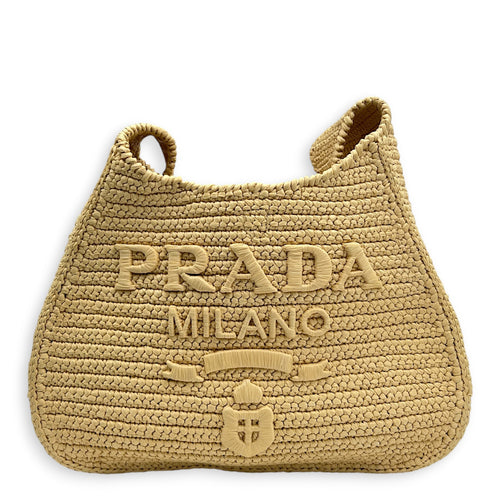 Logo Wicker Shoulder Bag Beige in Raffia, Enamel hardware