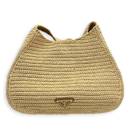 Logo Wicker Shoulder Bag Beige in Raffia, Enamel hardware