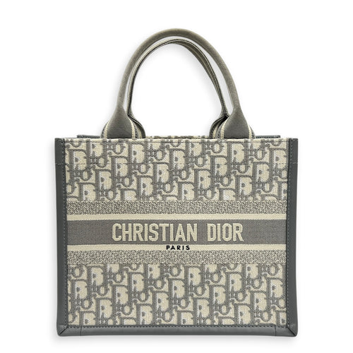 Book Tote Top Handle Bag Small Grey in Canvas, Gold hardware