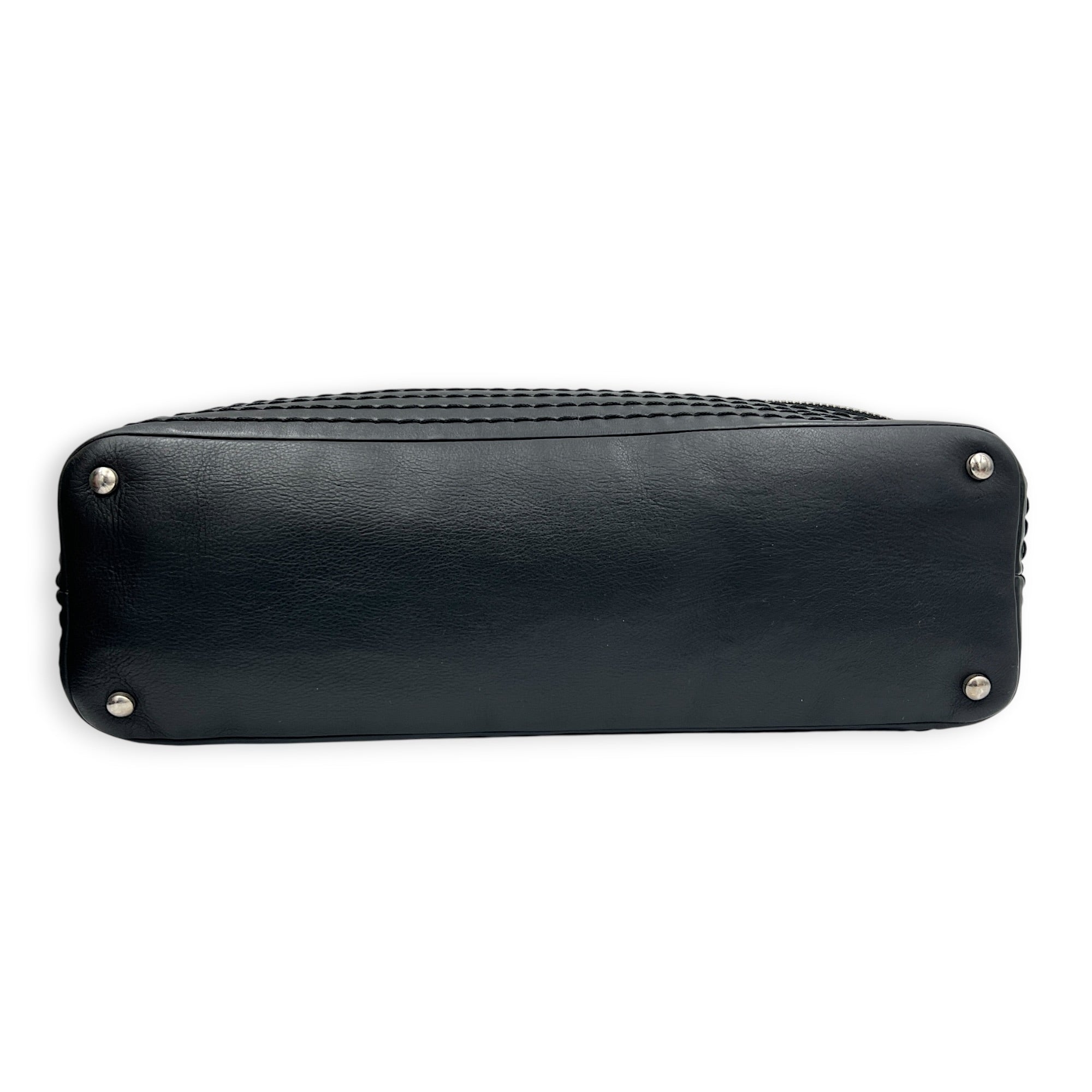 Stitched Expandable Shoulder Bag Black in Calfskin, Silver hardware