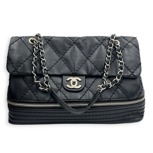 Stitched Expandable Shoulder Bag Black in Calfskin, Silver hardware