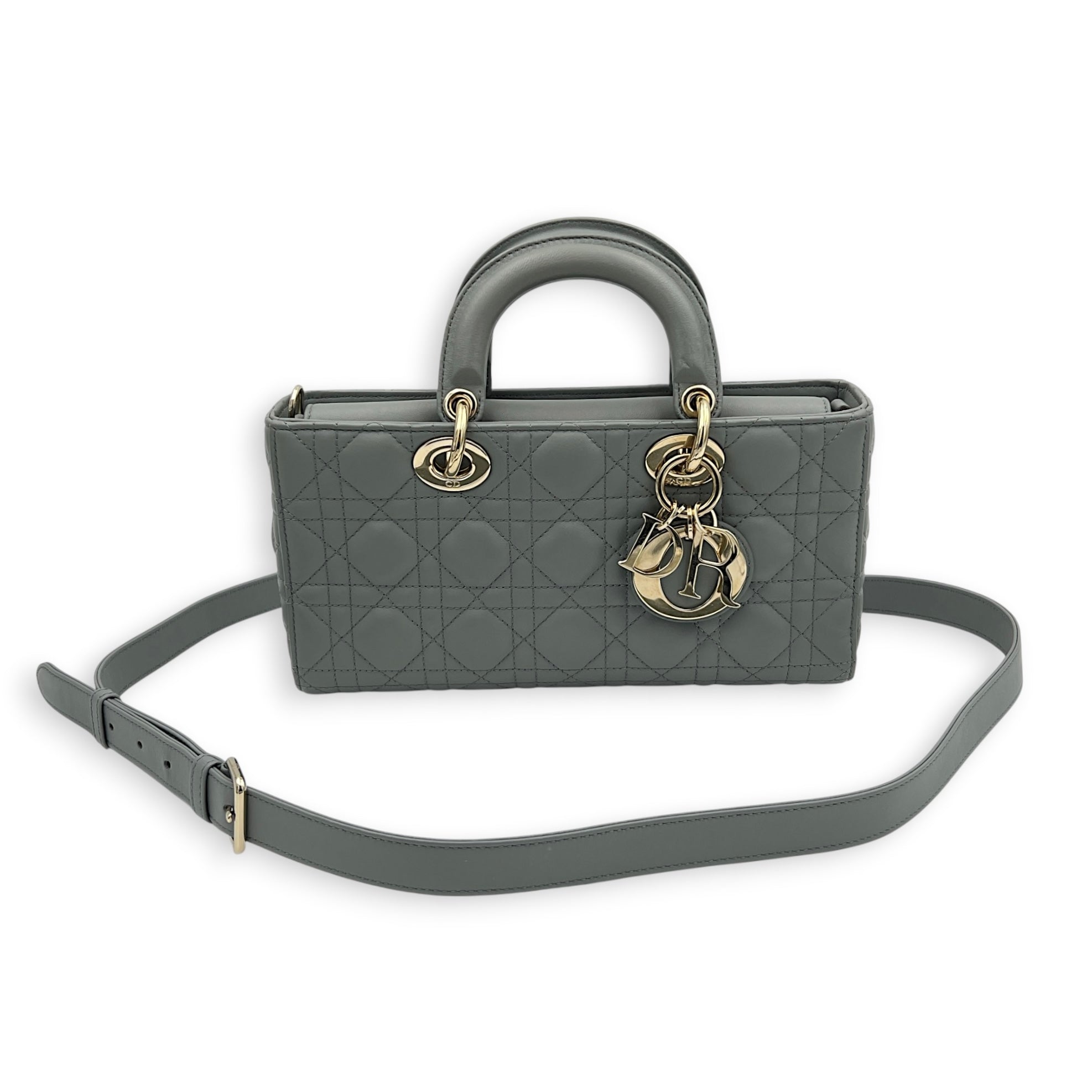 Lady D-Joy Top Handle Bag Medium Blue in Lambskin, Gold hardware