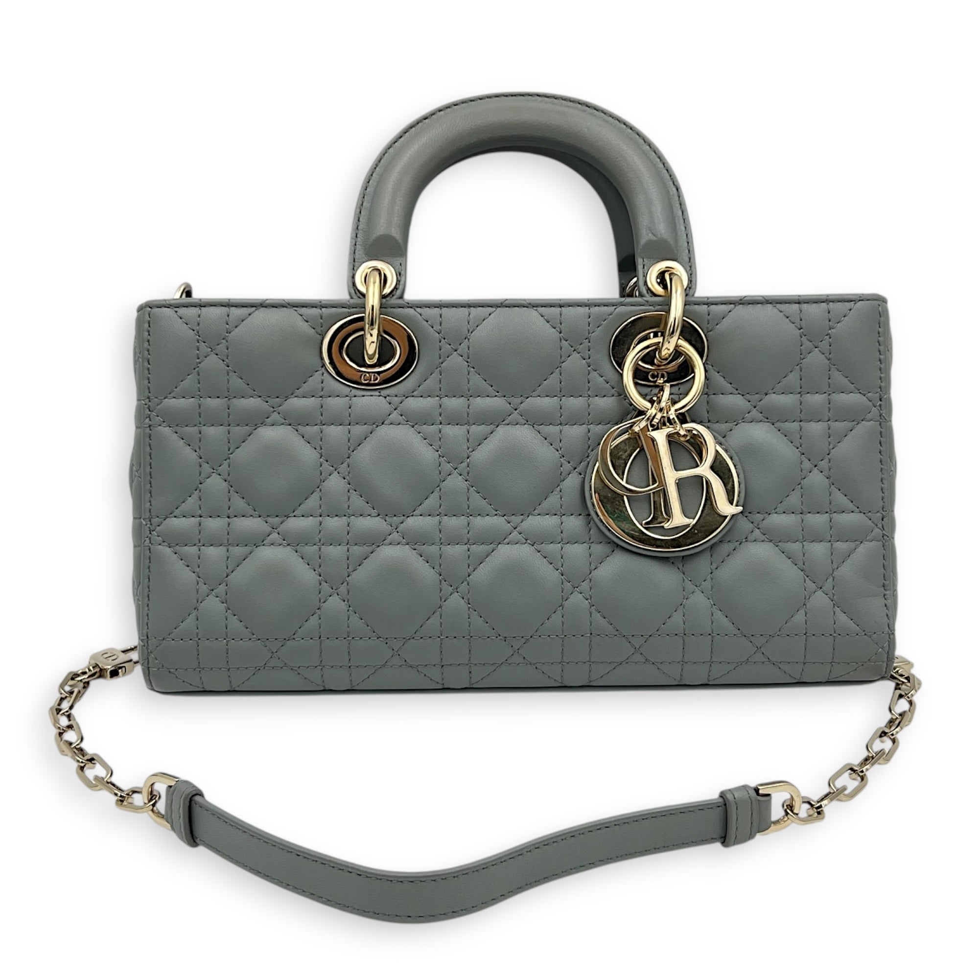 Lady D-Joy Top Handle Bag Medium Blue in Lambskin, Gold hardware