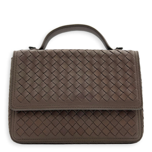 Intrecciato Top Handle Bag Brown in Nappa Leather, Gunmetal hardware