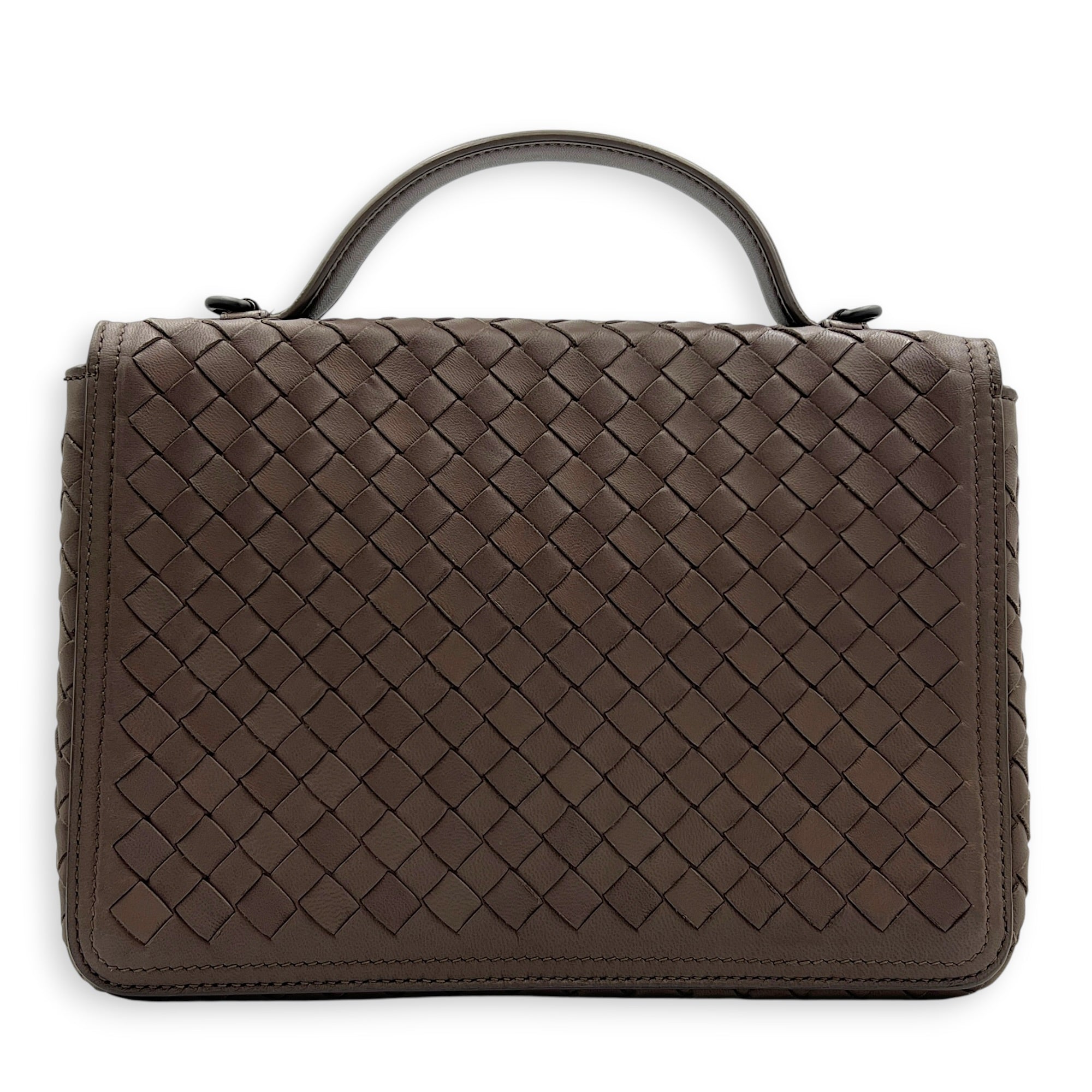 Intrecciato Top Handle Bag Brown in Nappa Leather, Gunmetal hardware