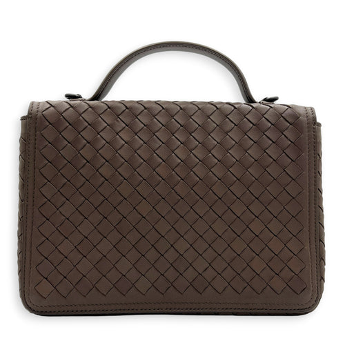Intrecciato Top Handle Bag Brown in Nappa Leather, Gunmetal hardware