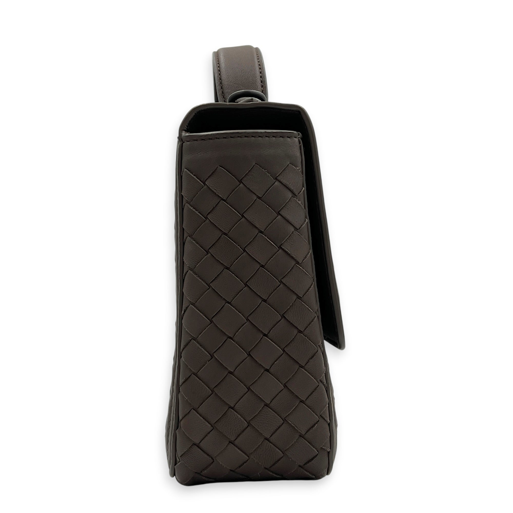 Intrecciato Top Handle Bag Brown in Nappa Leather, Gunmetal hardware