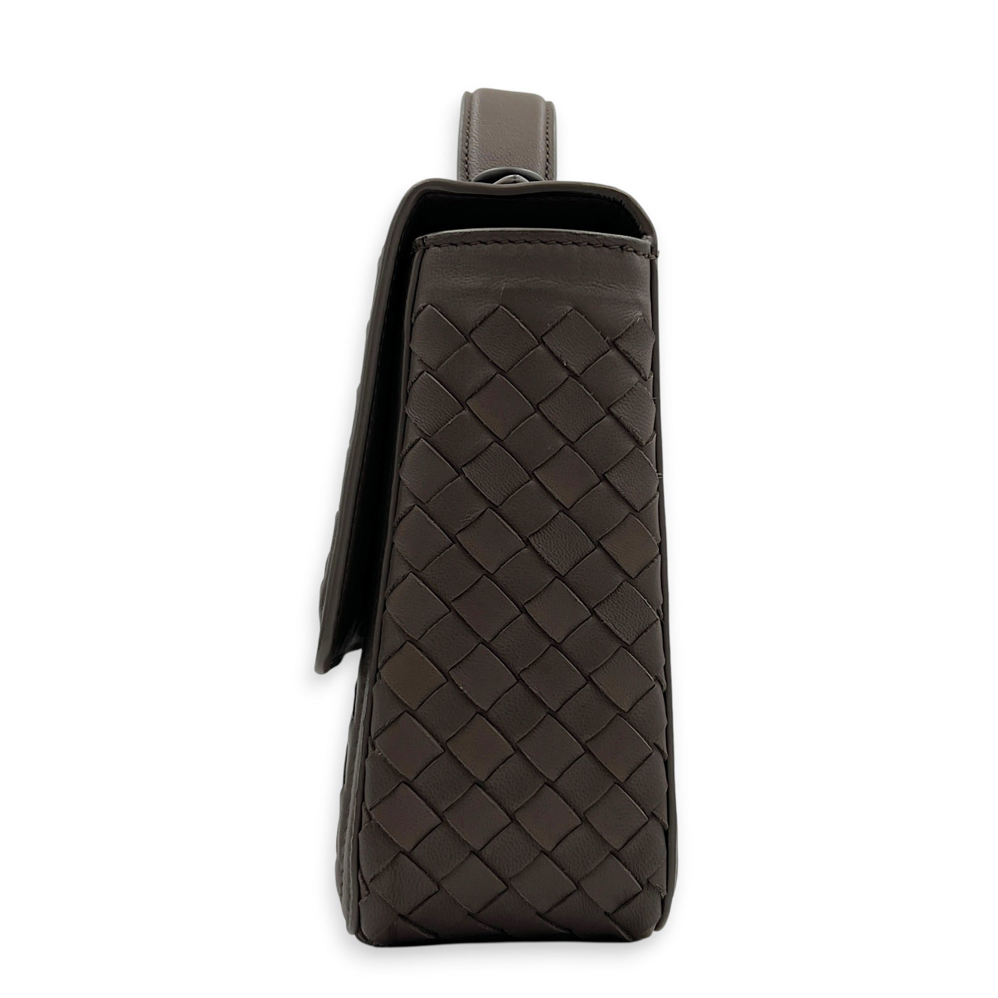 Intrecciato Top Handle Bag Brown in Nappa Leather, Gunmetal hardware