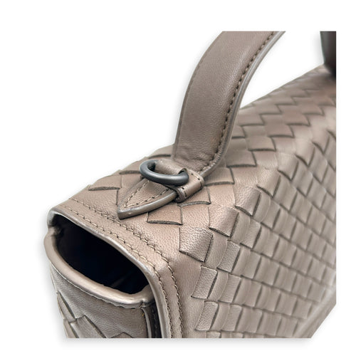 Intrecciato Top Handle Bag Brown in Nappa Leather, Gunmetal hardware