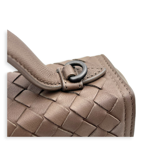 Intrecciato Top Handle Bag Brown in Nappa Leather, Gunmetal hardware