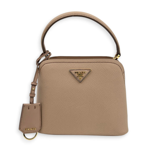 Martine Top Handle Bag Beige in Saffiano Leather, Gold hardware