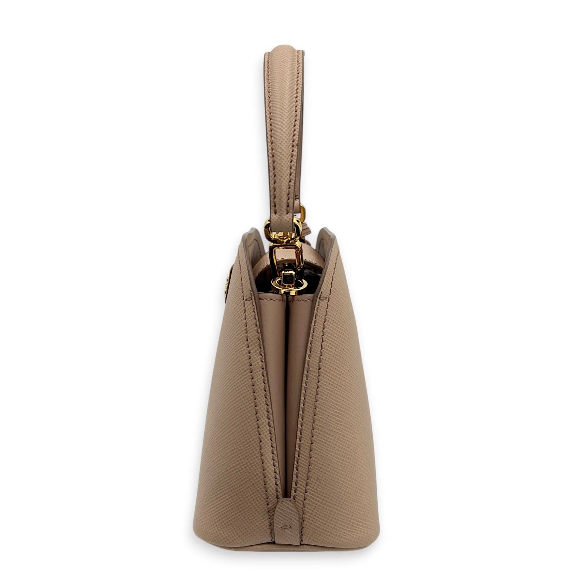 Martine Top Handle Bag Beige in Saffiano Leather, Gold hardware