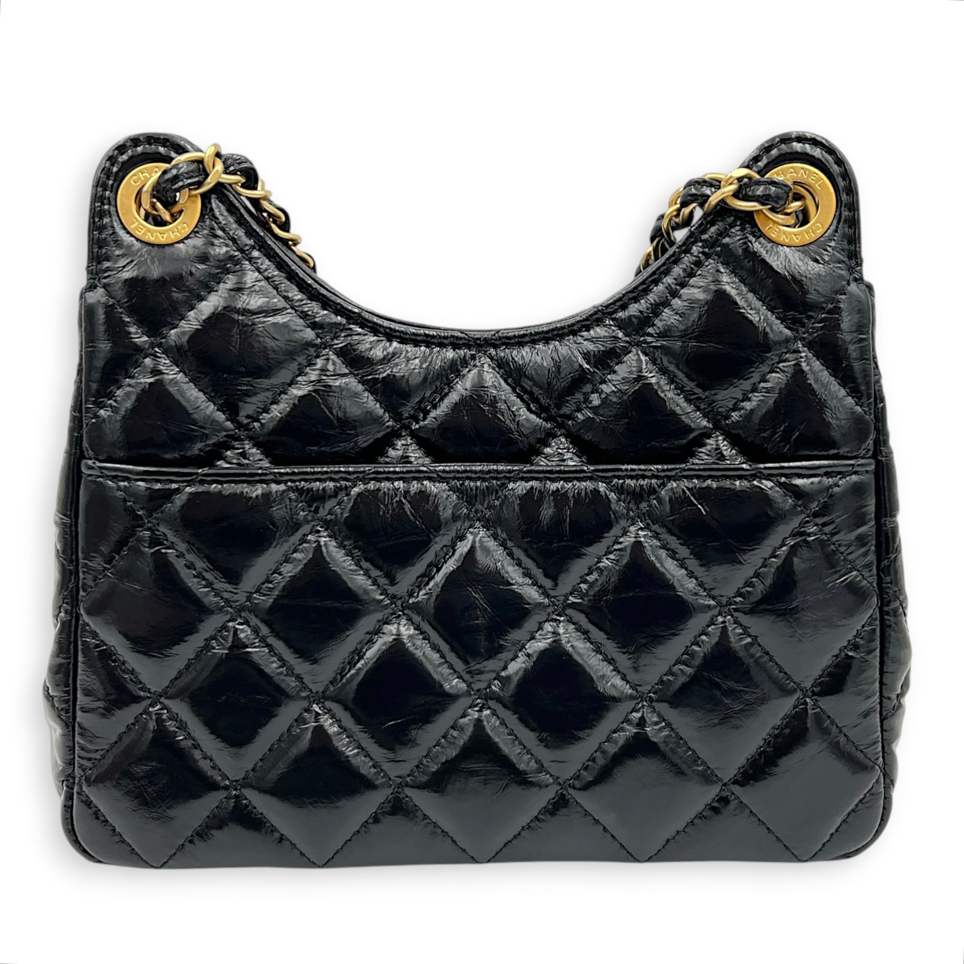 Shiny Crumpled Quilted CC Hobo Bag Small Black in Calfskin, Gold hardware