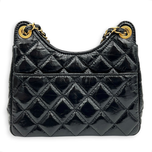 Shiny Crumpled Quilted CC Hobo Bag Small Black in Calfskin, Gold hardware
