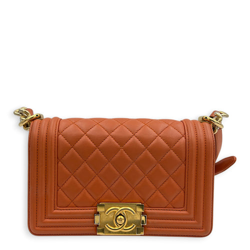 Boy Small Orange Shoulder Bag in Calfskin, Gold hardware