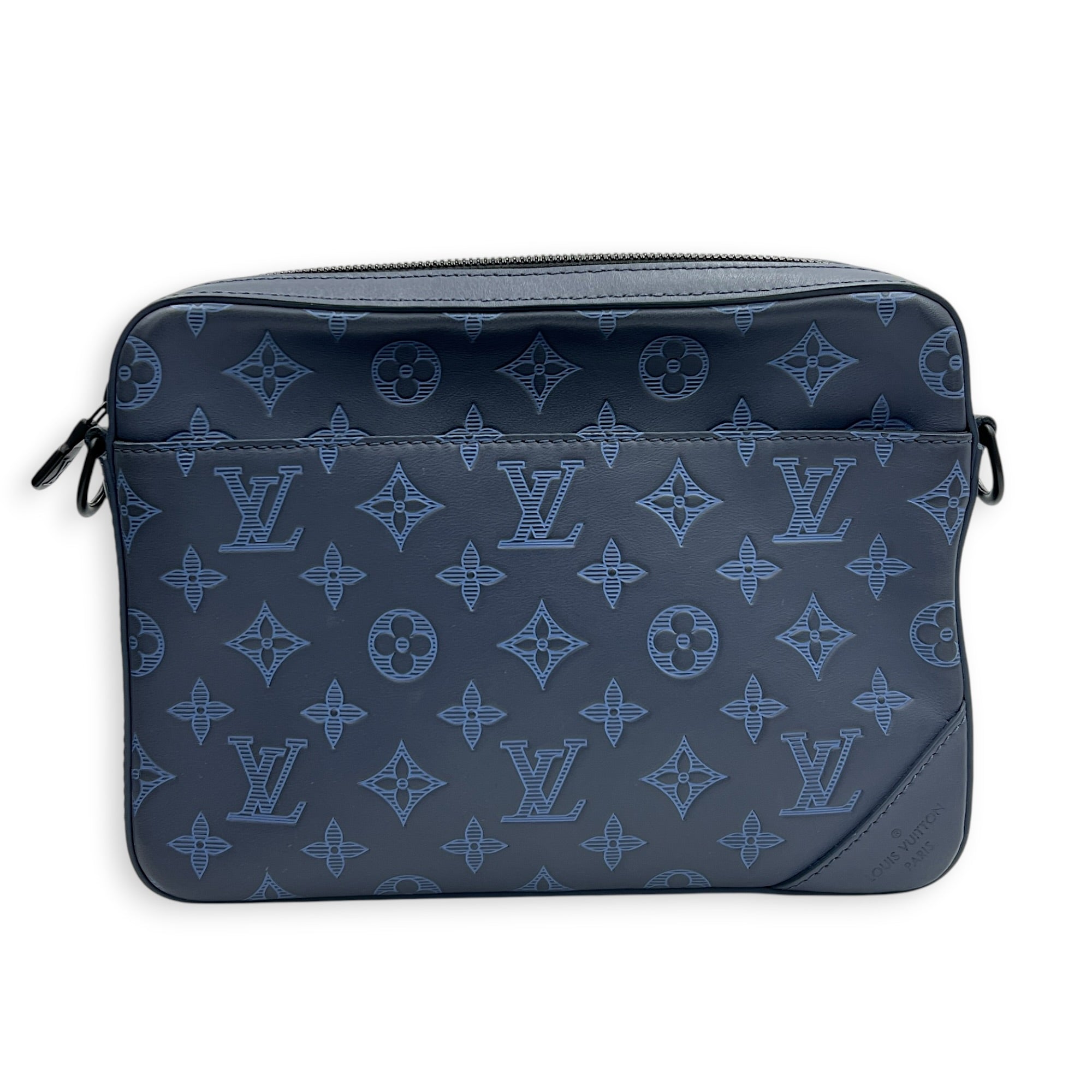 Duo Messenger Shoulder Bag Blue in Monogram Shadow Calfskin, Black hardware