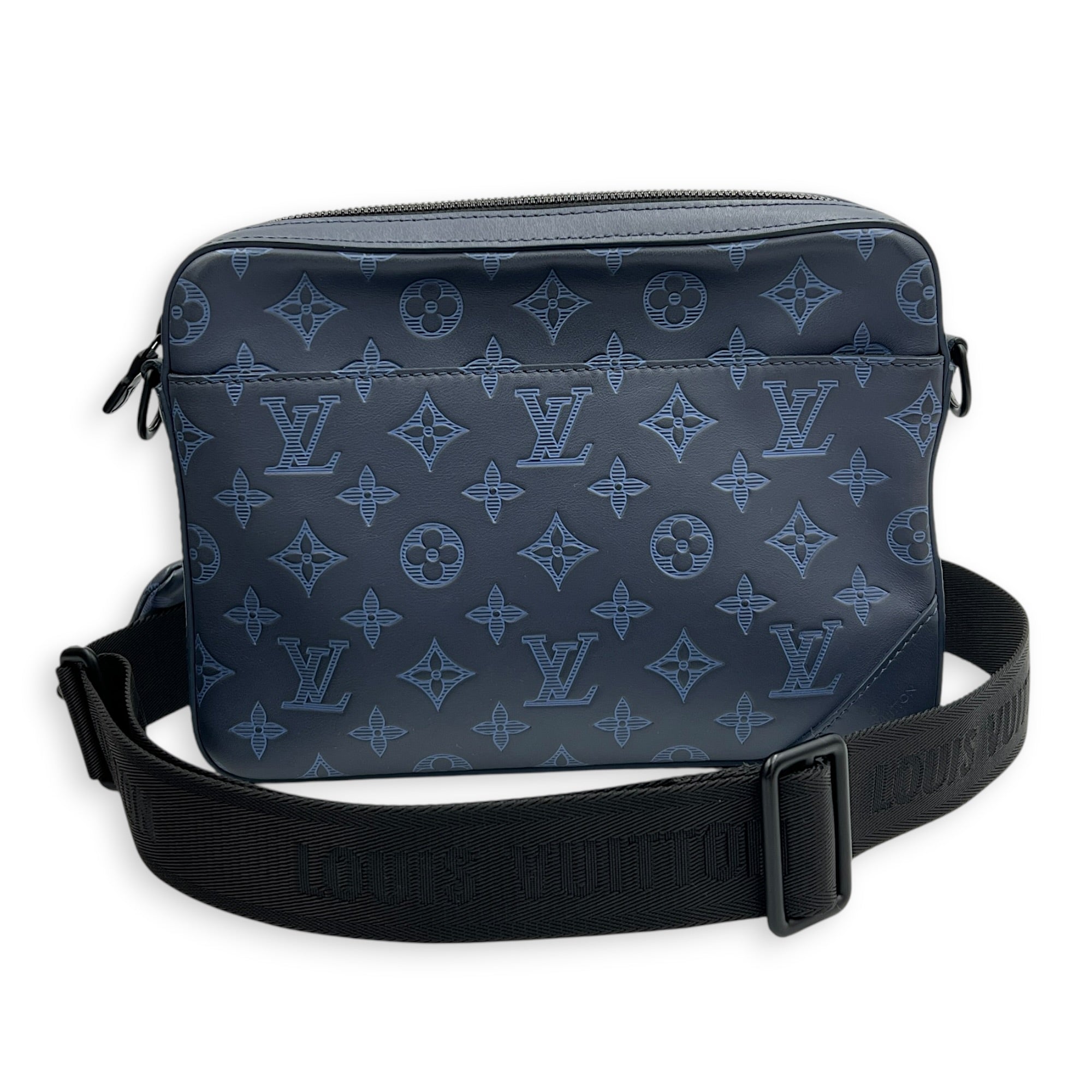 Duo Messenger Shoulder Bag Blue in Monogram Shadow Calfskin, Black hardware