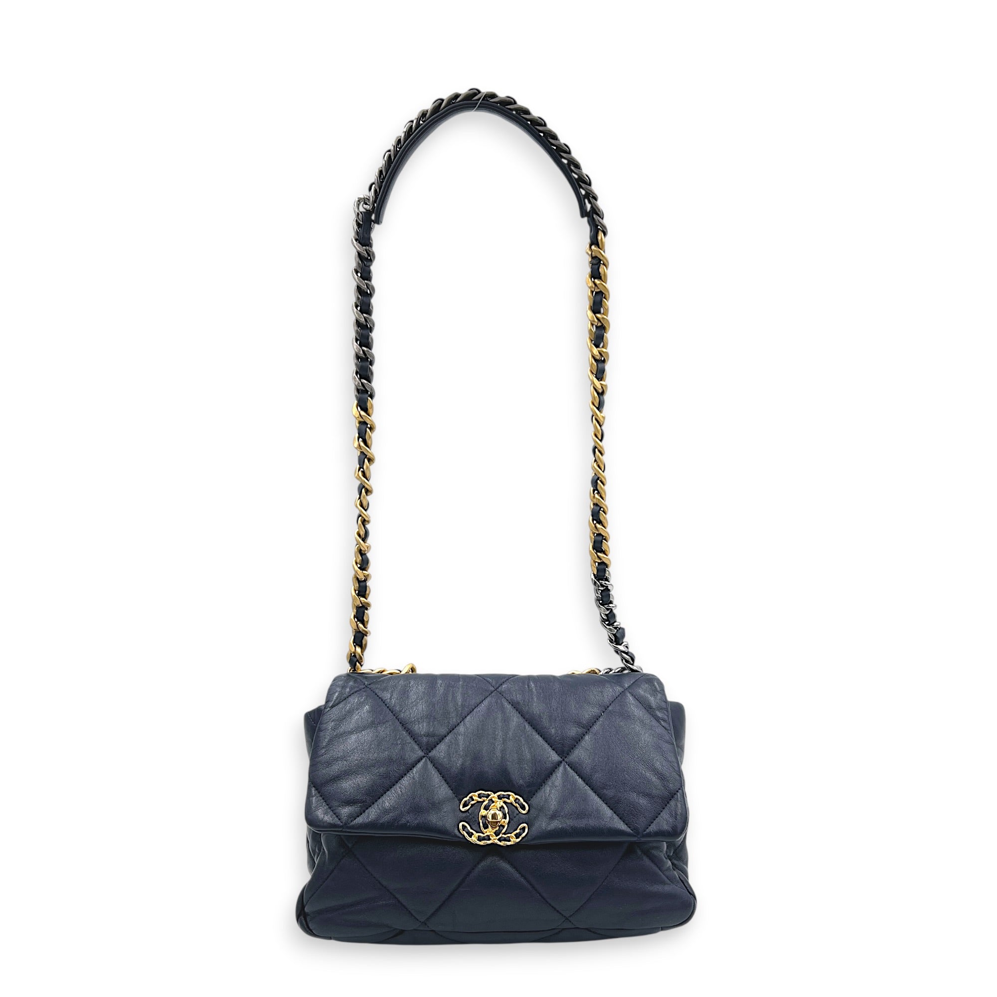 19 Large Blue Shoulder Bag in Goat Leather, Mixed hardware