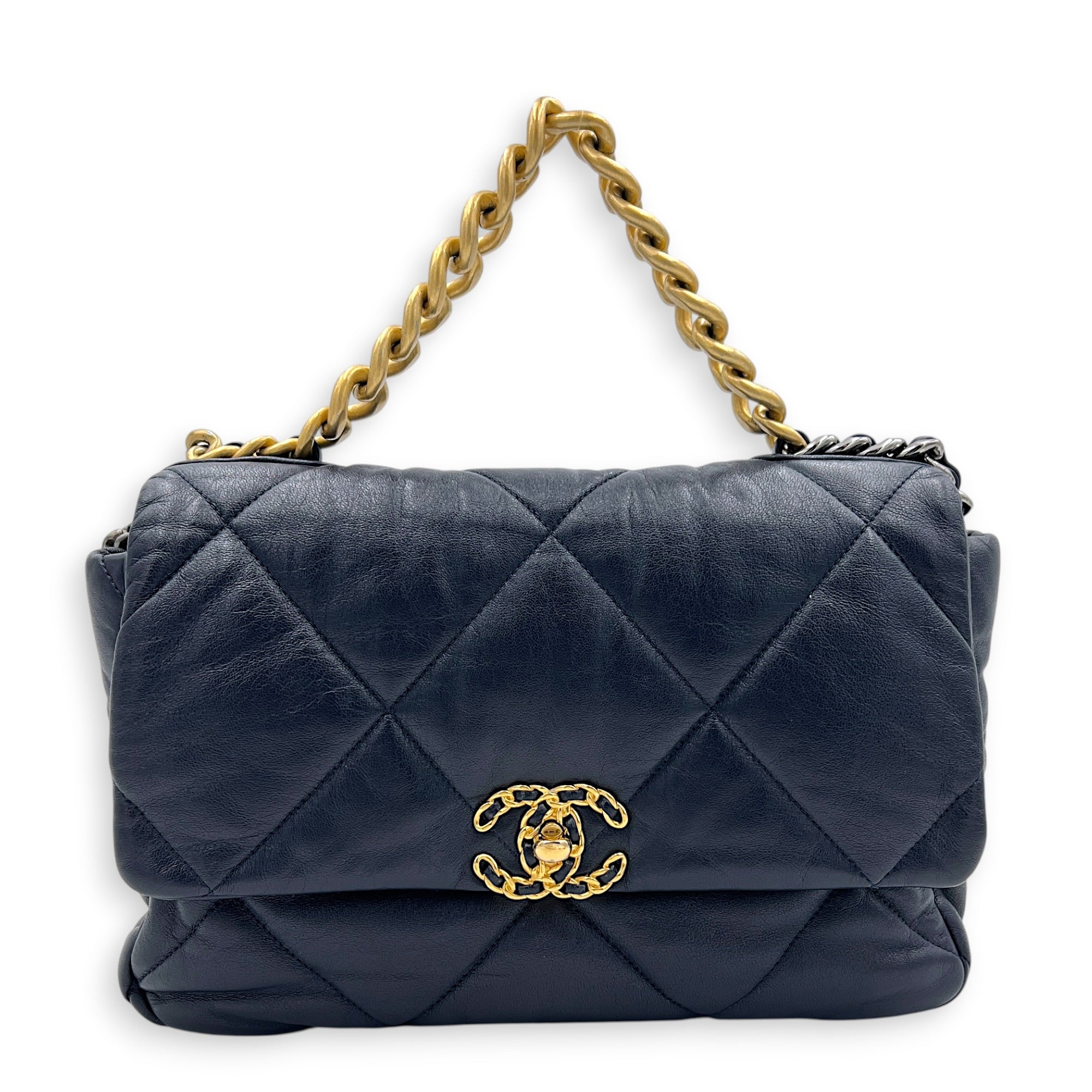 19 Large Blue Shoulder Bag in Goat Leather, Mixed hardware