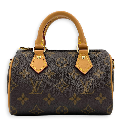 Speedy Top Handle Bag Nano Brown in Coated Canvas, Gold hardware